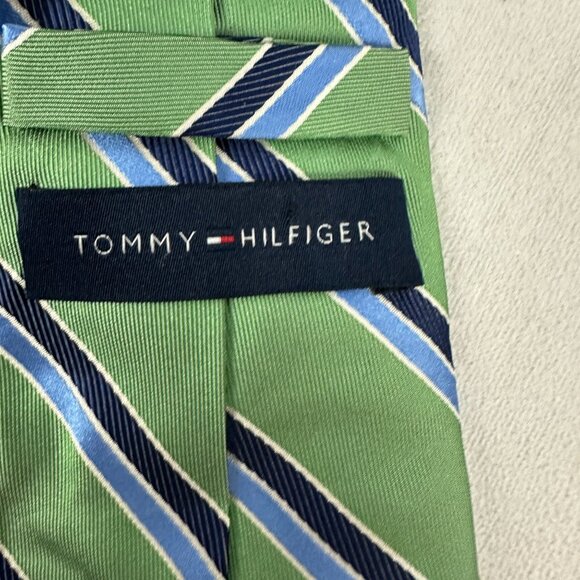 Tommy Hilfiger Green Blue Stripe Silk Tie Navy Polka Dot Design Slim Fit - Picture 4 of 4